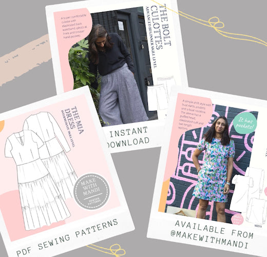 Saywood Blog Make With Mandi DIY home sewing patterns, showing a culotte, and two dress patterns to sew