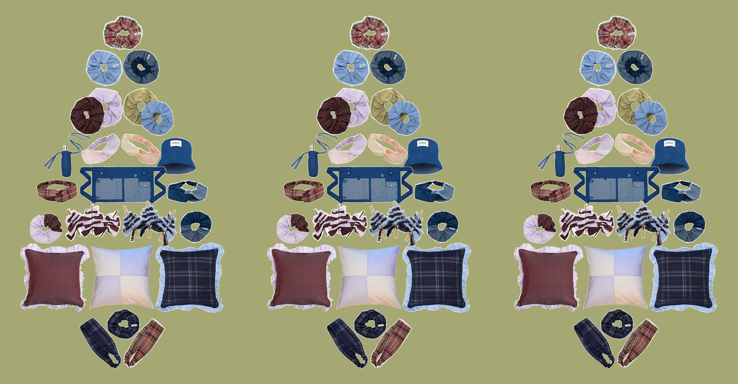 Sustainable Christmas Gift Gift From Independent Business: 3 Christmas Trees on a green background, made from hair accessories, cushions, Christmas decorations and other colourful accessories by Saywood
