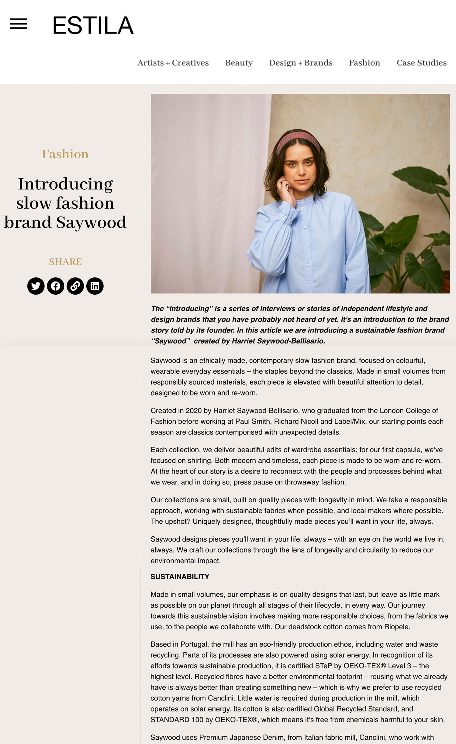 Estila feature on Saywood Studio. Image includes picture of model wearing Saywood's Marie Gather Neck Blouse in pale blue recycled cotton
