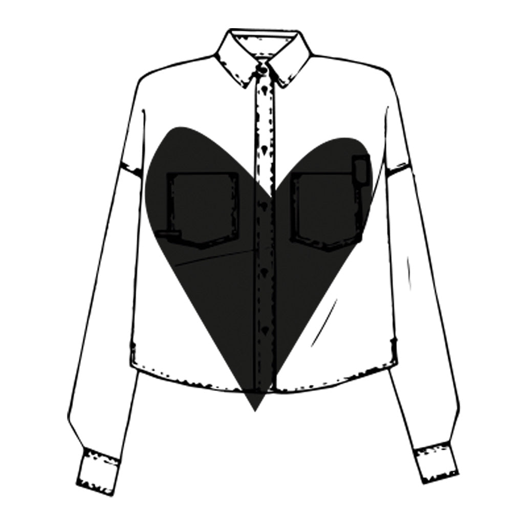 Ethically Made Women's Shirts - Shirt sketch with large heart in centre, in black and white
