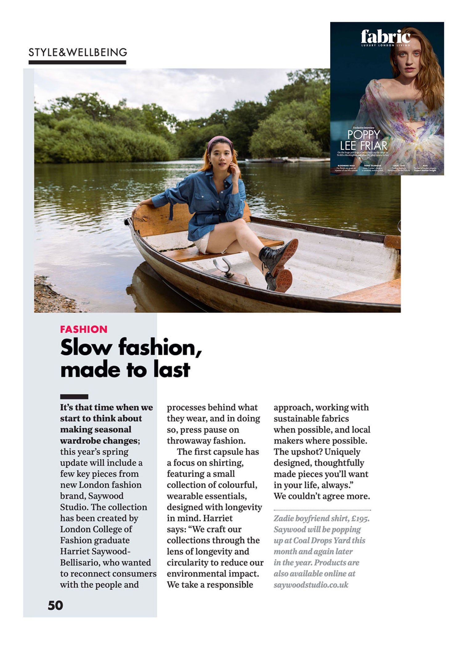 Image shows press feature in Fabric Magazine - Saywood - Slow Fashion Made to Last