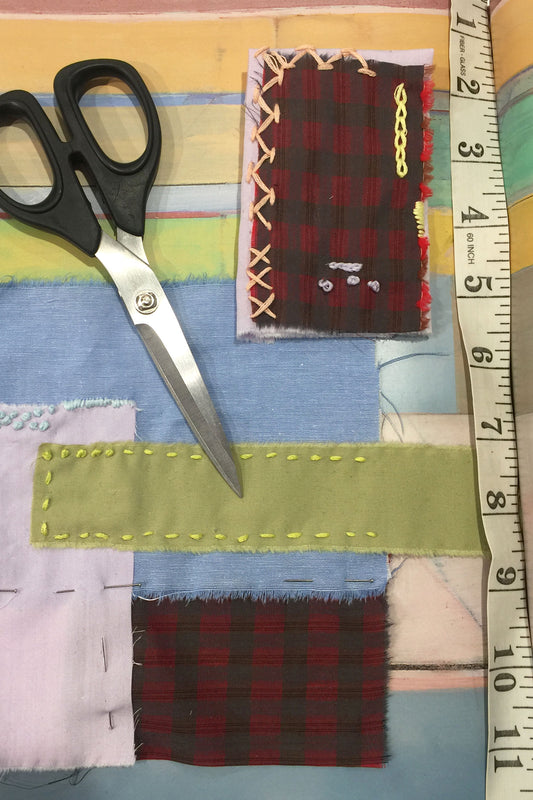 Various colourful patches of fabric are shown with different decorative stitches. Scissors and a tape measure can be seen in the image. Sewing workshop