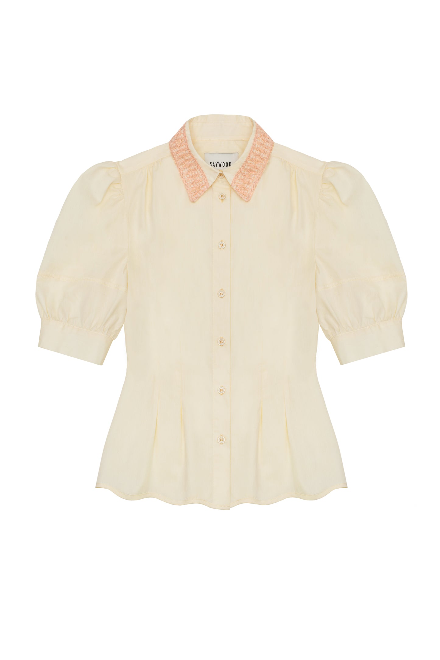 Womens pale yellow puff sleeve blouse with soft orange lace trim collar. Scalloped hem and soft darts at waist.