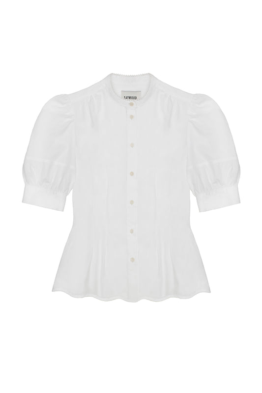 Womens white puff sleeve blouse. Scalloped hem and soft darts at the waist. Lace trim on grandad collar.