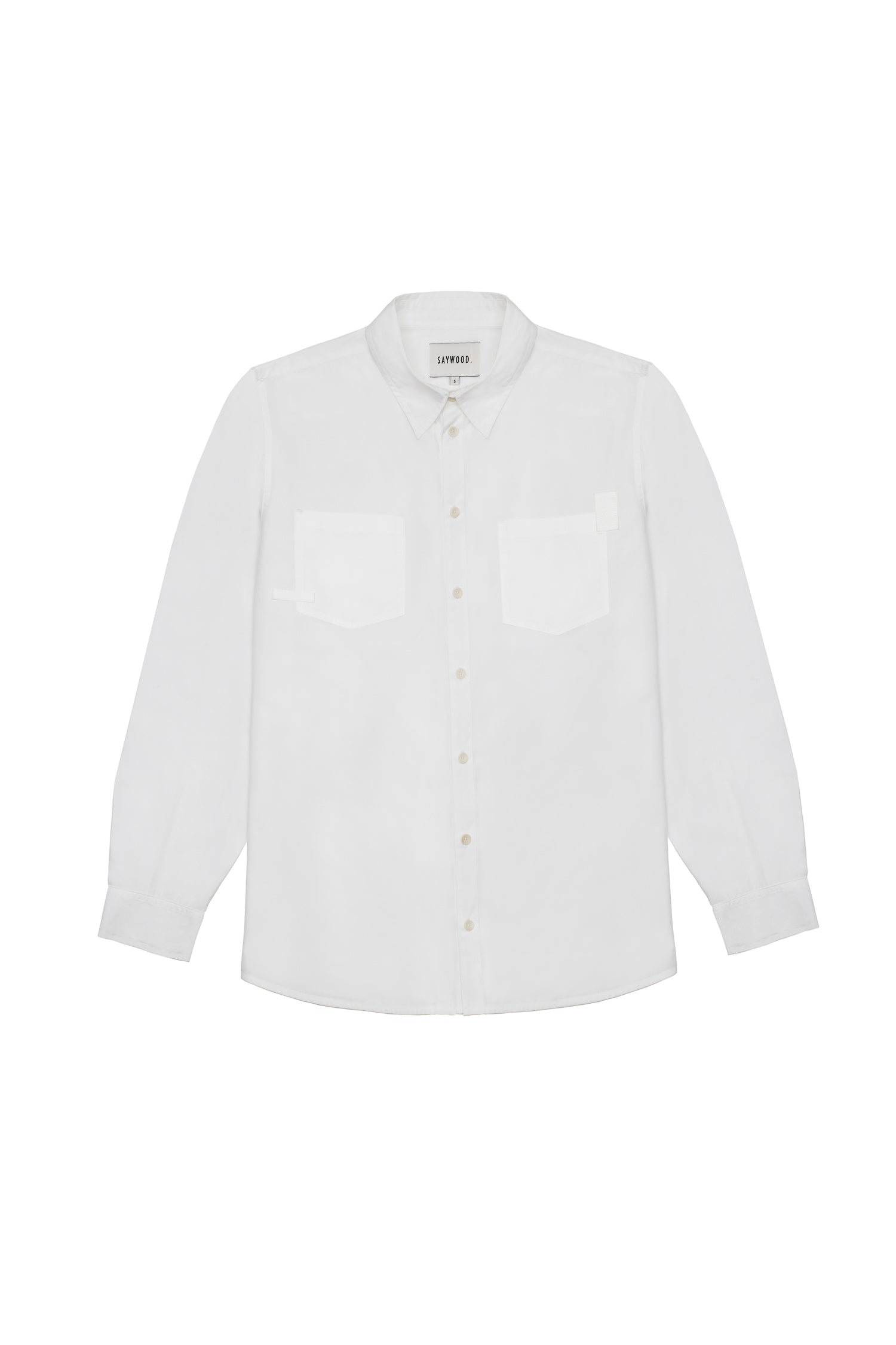 Product shot of Saywood's Eddy mens white shirt with patch pockets