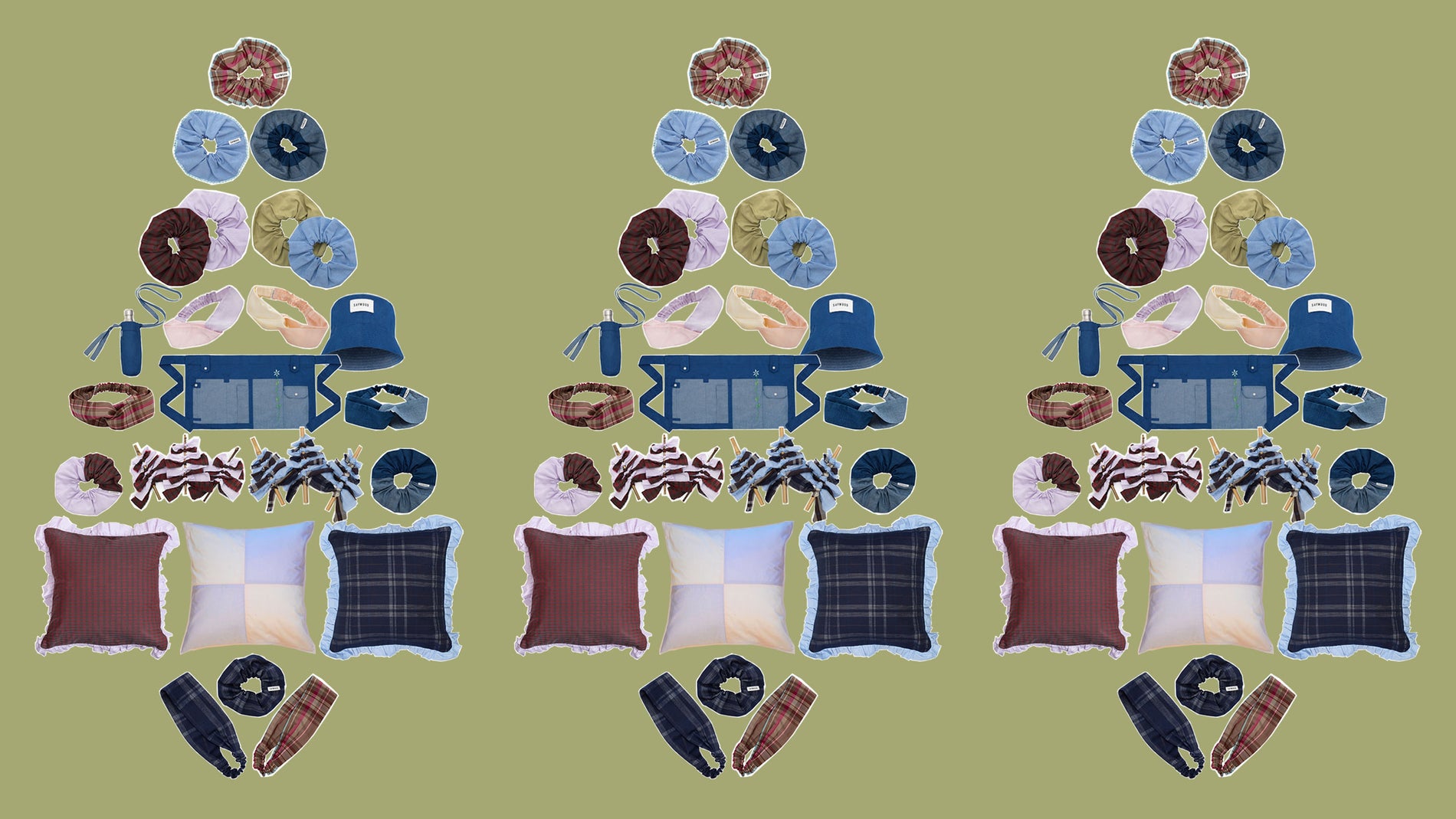 Three Christmas trees on a green background. Made from sustainable hair accessories, cushions, Christmas decorations and garden accessories, 