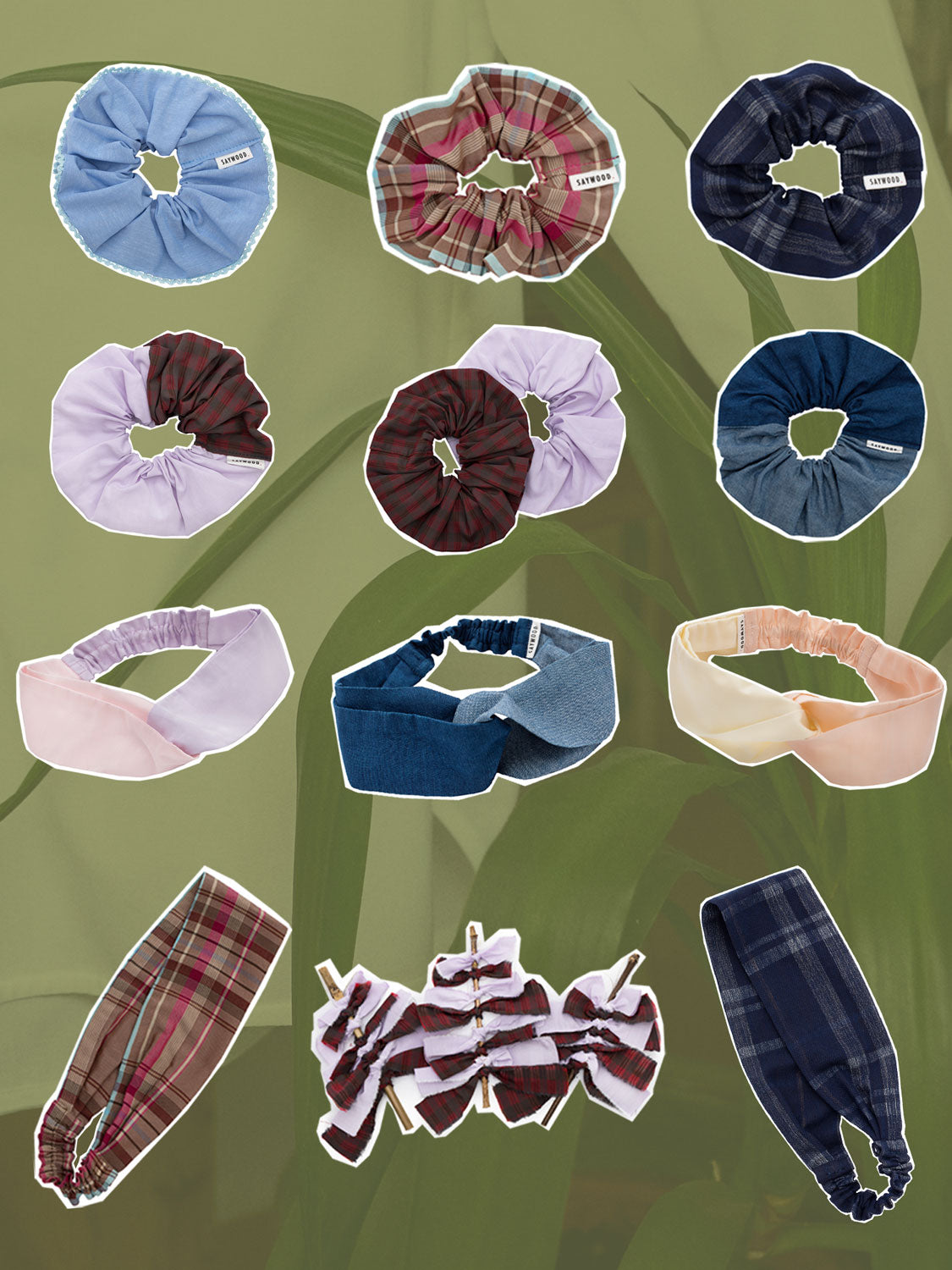 Saywood's sustainable hair scrunchies and headbands, with Christmas tree decorations. Images cut out on a background of a close up of white shirt and green plants