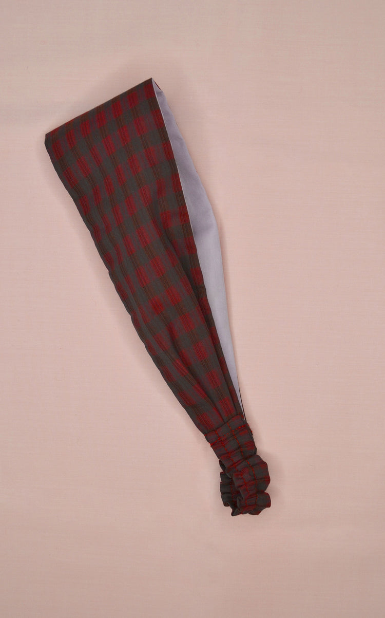 Saywood Red Check Headband on pink background, deadstock fabric