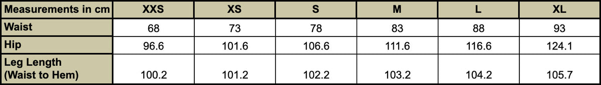 Amelia Trousers Full Length Product Size Chart