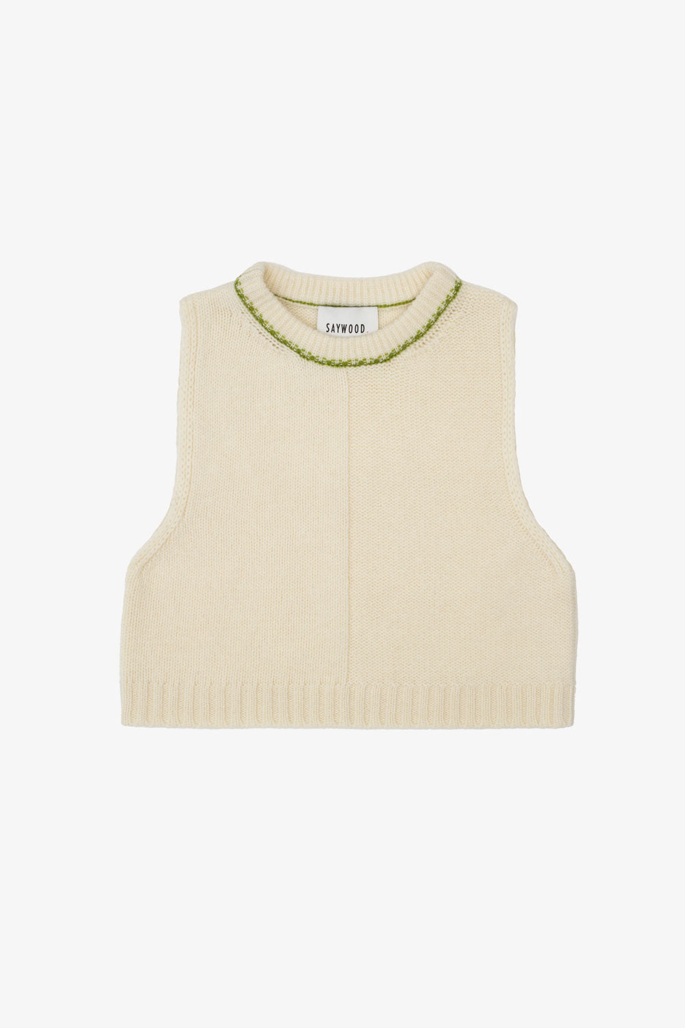 Ivory sleeveless lambswool knit vest with green trim on a white background