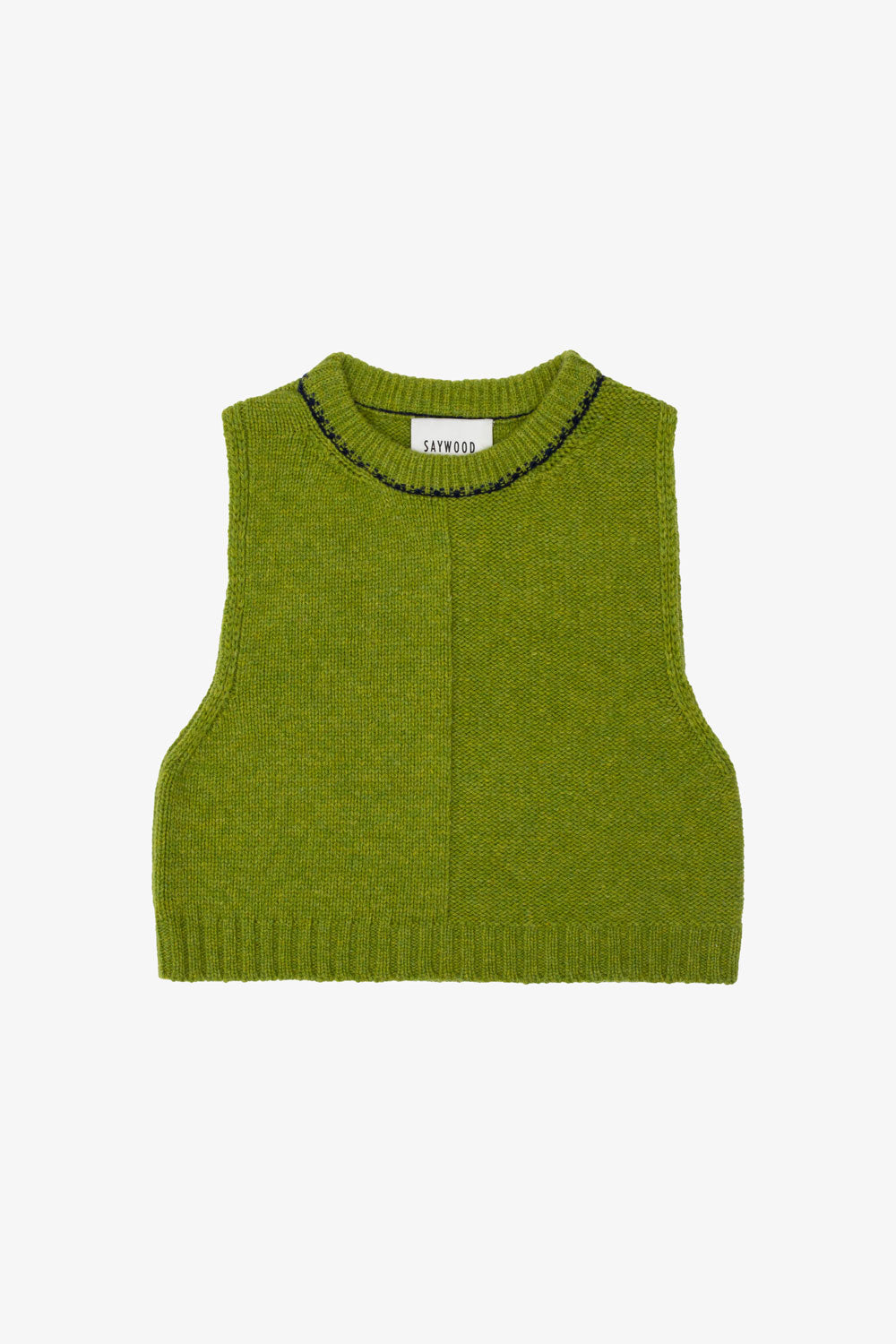 Green lambswool knitted vest with navy trim on a white background