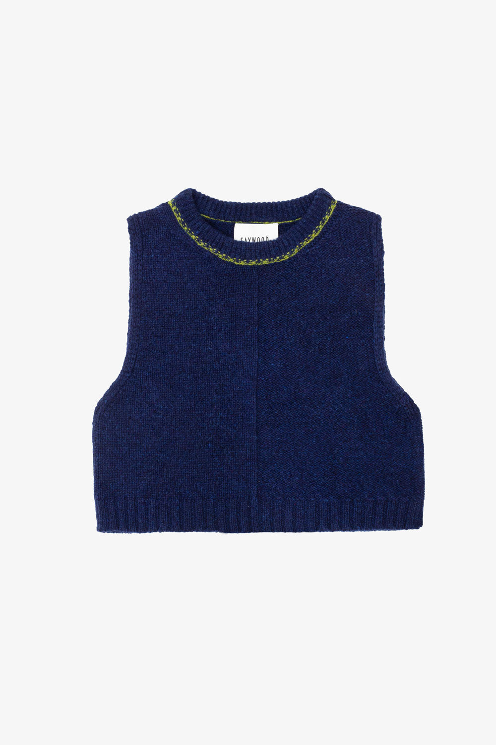 Navy blue lambswool knitted vest on a white background