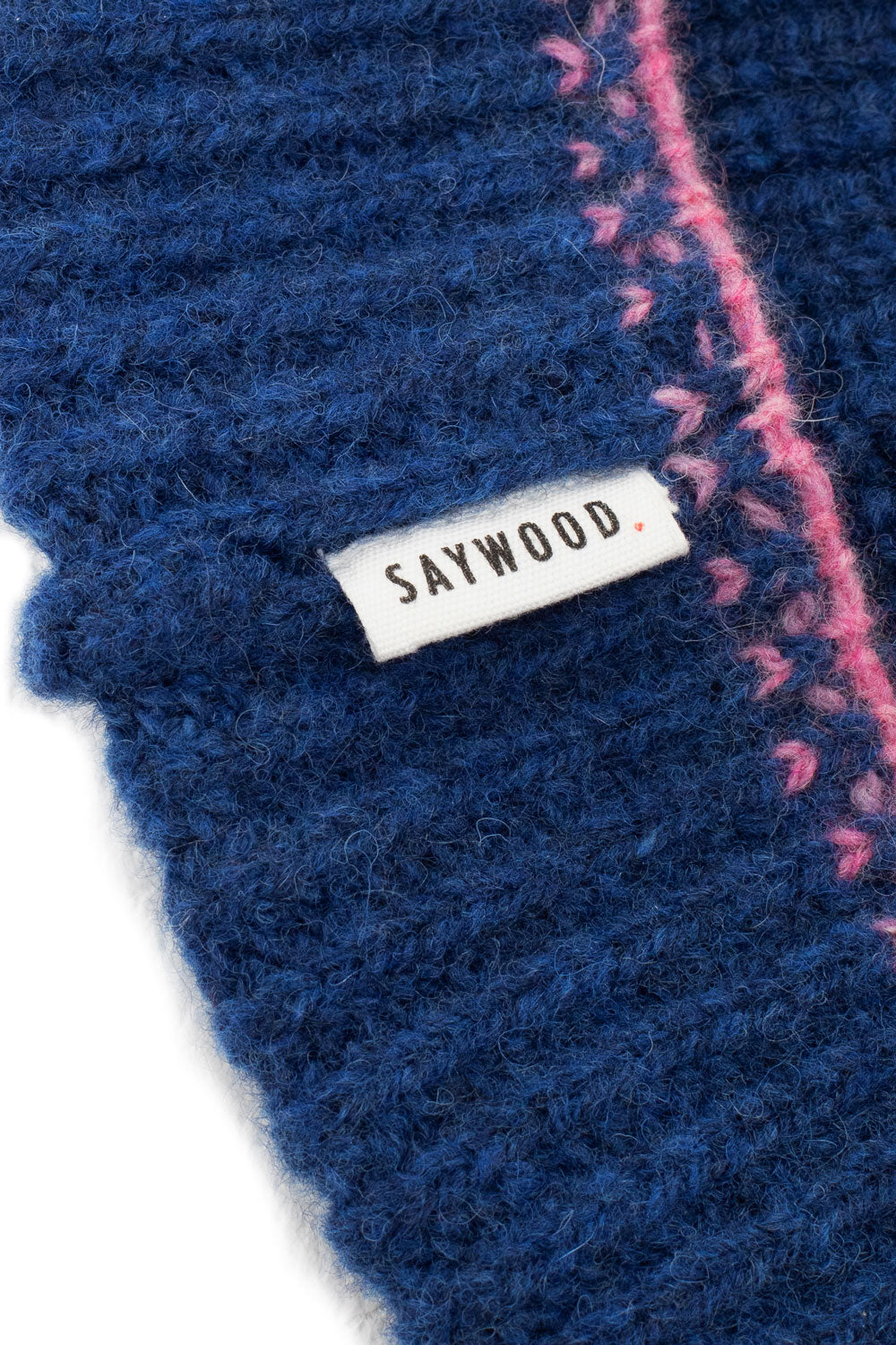 Crochet trim detail in pink - Atlantis blue lambswool and cashmere beanie, made in UK by Saywood