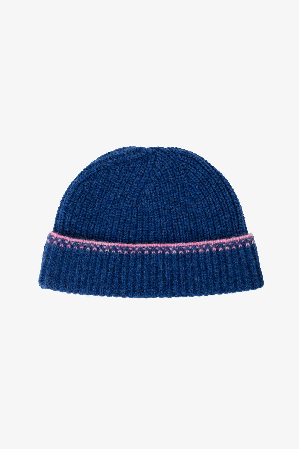 Atlantis blue lambswool and cashmere beanie hat with pink crochet trim detail, made in UK by Saywood