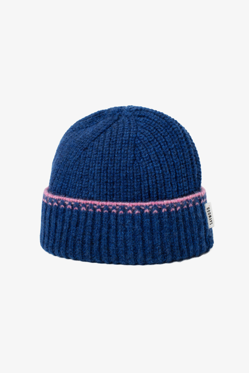 Atlantis blue lambswool and cashmere beanie hat with pink crochet trim detail, made in UK