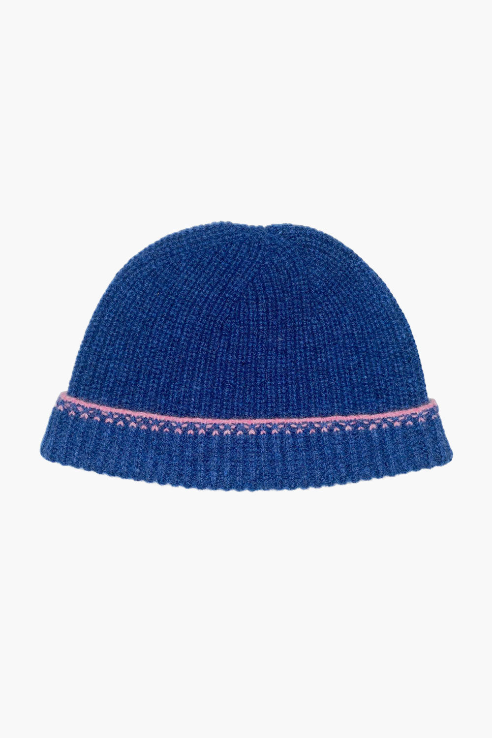 Blue knitted hat with pink textured stitch trim on a white background. Lambswool and cashmere Beanire Hat by Saywood.