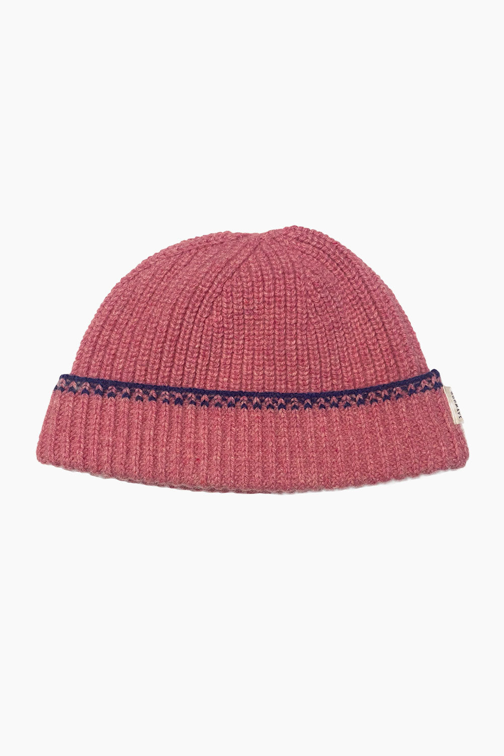 Pink beanie Hat with blue crochet trim. Fisherman-style knitted rib hat, by Saywood, made in the UK.