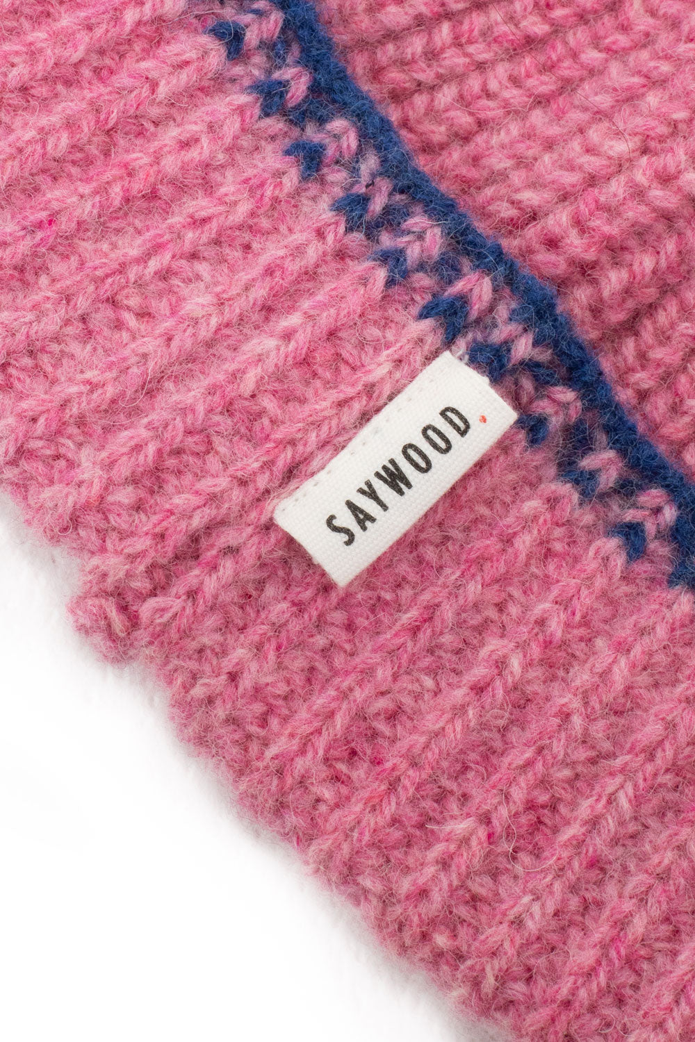 Pink Lambswool Cashmere Knitted Beanie Hat with blue crochet trim detail by Saywood, made in Britain