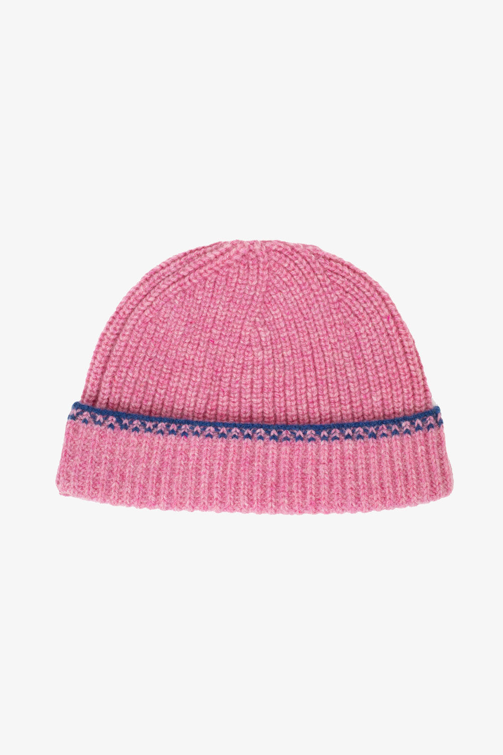 Pink Lambswool Cashmere Beanie Hat with blue crochet trim by Saywood, made in Britain