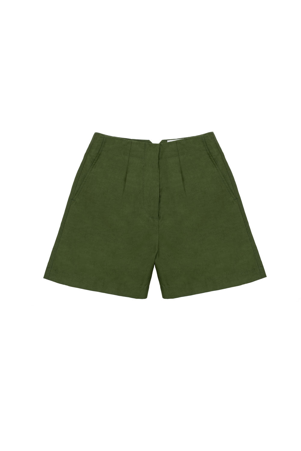 Women's olive green A-Line Shorts. Saywood's Bessie A-line Shorts in viscose linen and cotton olive green cloth, made in London, UK.