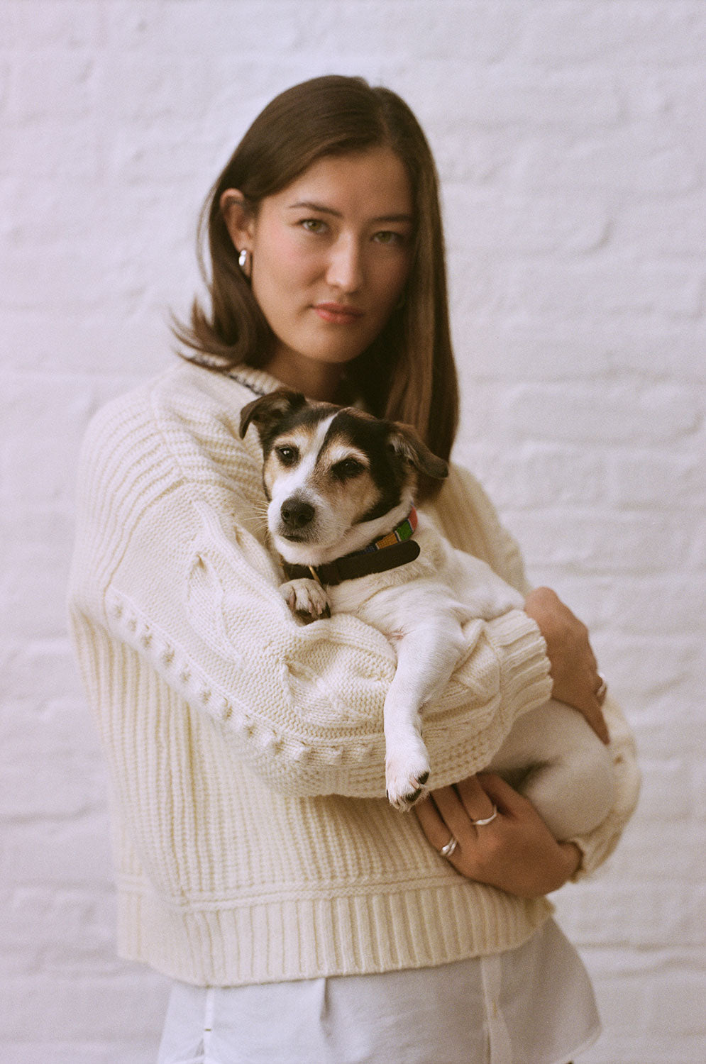 Adams cream sweater with textured knit sleeves and a ribbed hem, layered over a white shirt on a model holding a small dog.