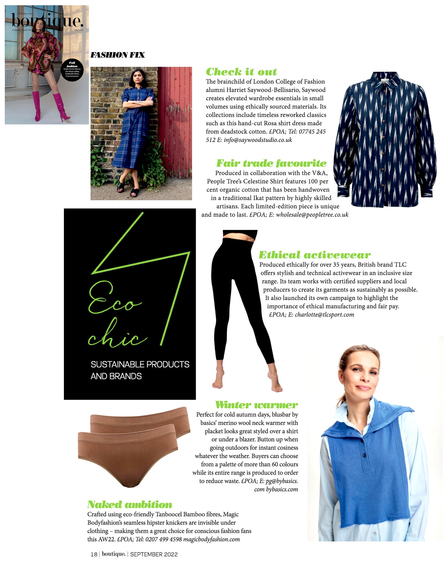 Boutique Magazine page featuring Saywood's navy check deadstock cotton Rosa Puff Sleeve Dress