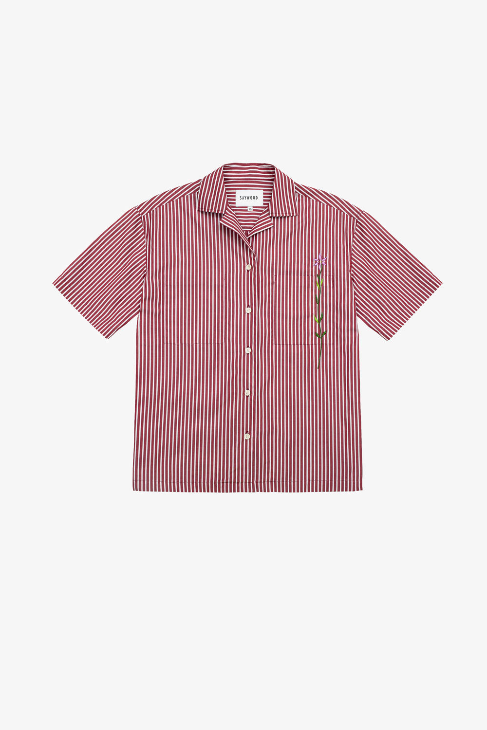 Frances unisex Cuban shirt in berry red stripe surplus cotton with embroidered flower chest pocket, made in London by Saywood