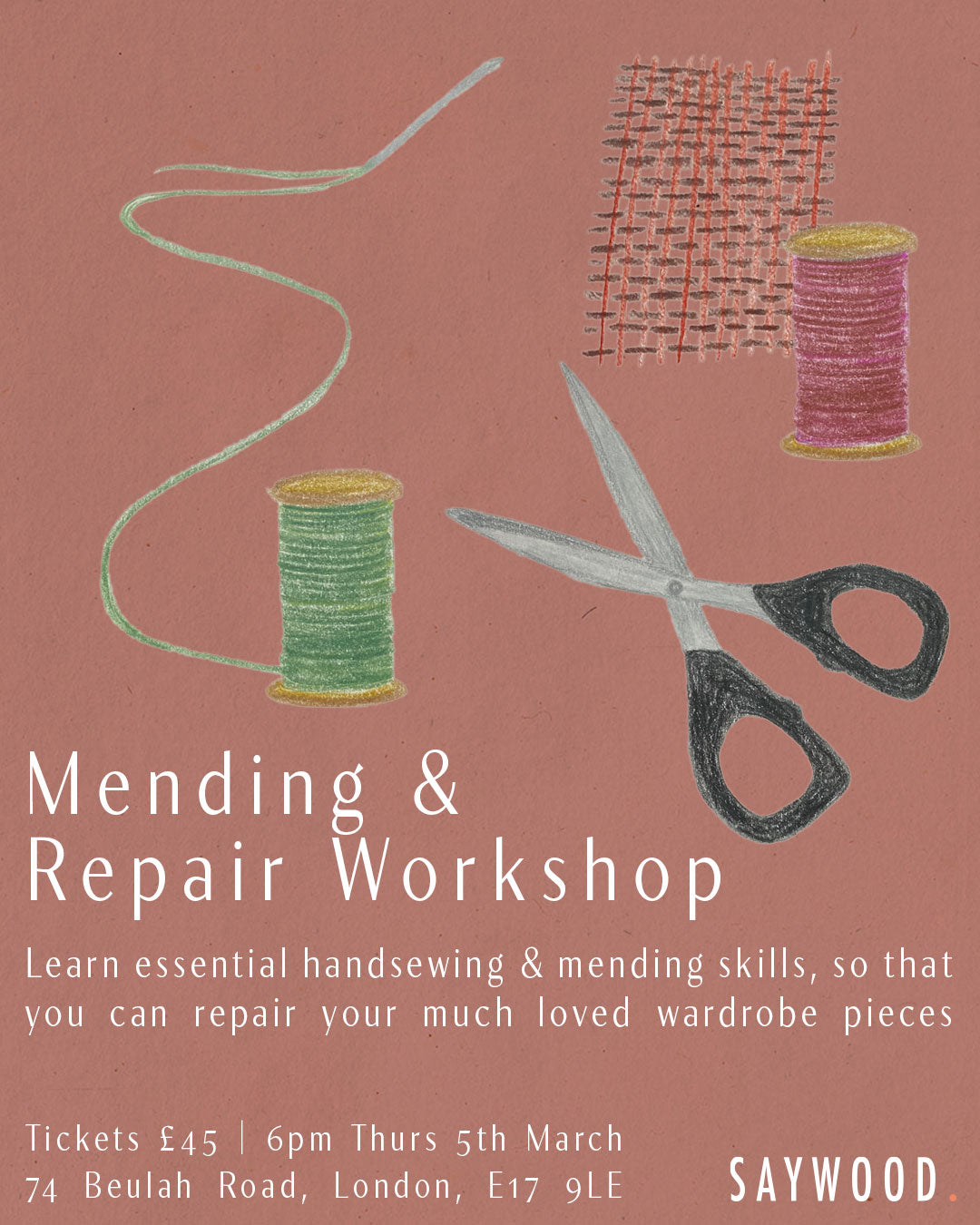 Mending & Repair Workshop promotional image with event details for Walthamstow London