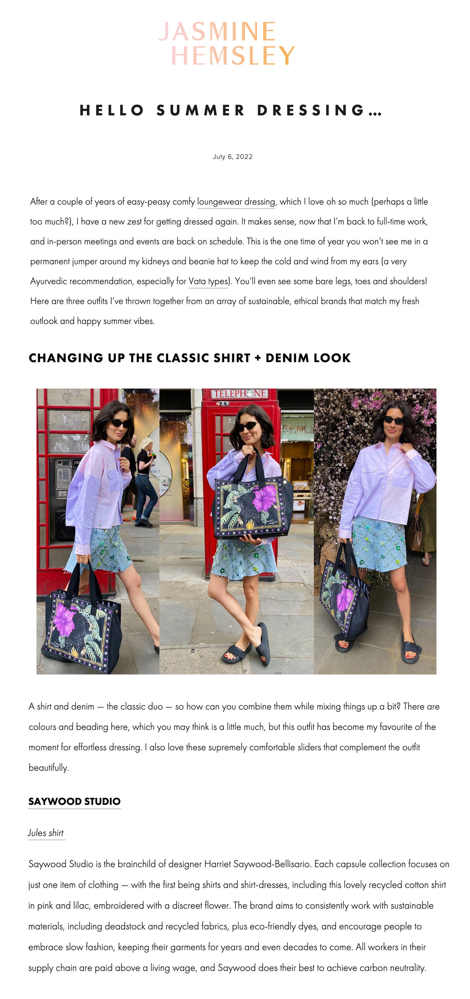 Image of Jasmine Hemsley's 'Hello Summer Dressing' blog feature. Jasmine Hemsley wears Saywood's lilac pink patchwork Jules Utility Shirt with a mini denim skirt