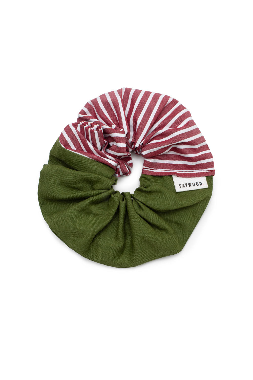 Patchwork Scrunchie, Olive Green & Berry Red Stripe