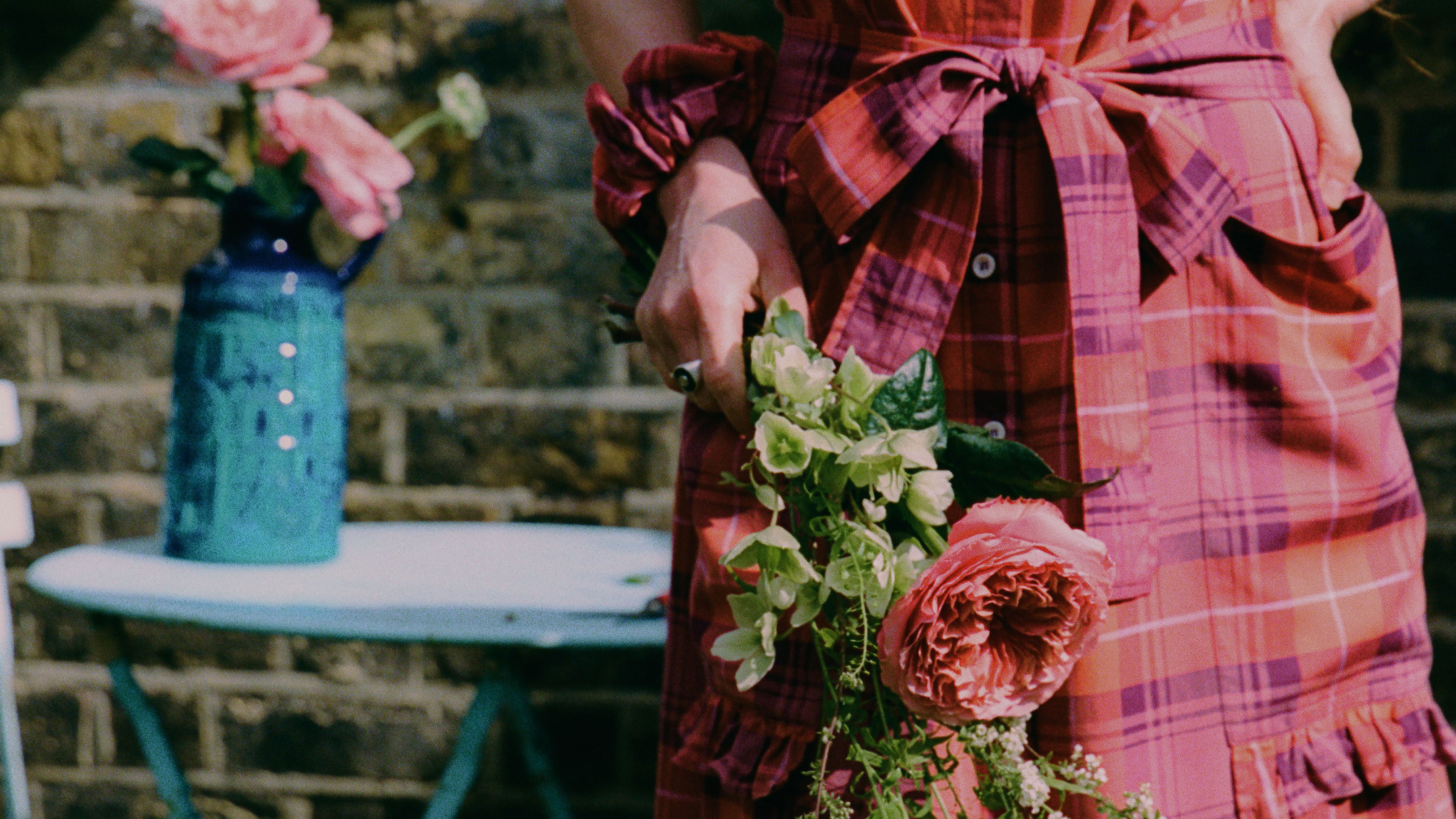 Red coral tartan Rosa Puff Sleeve Shirtdress with frill trim pockets. Made in Britain by Saywood.