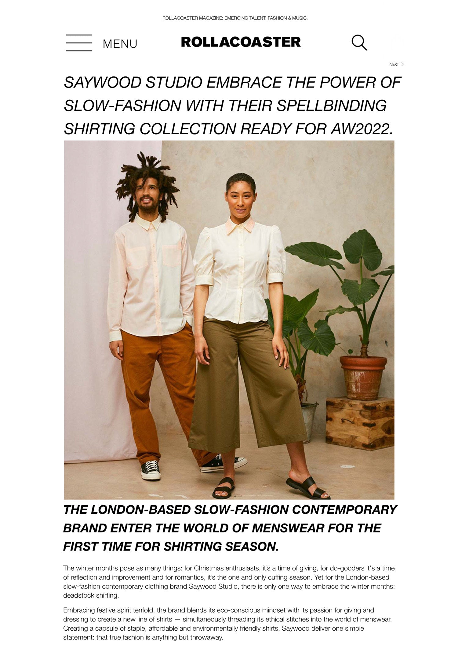Rollacoaster feature on Saywood. Title reads "SAYWOOD STUDIO EMBRACE THE POWER OF SLOW-FASHION WITH THEIR SPELL BINDING SHIRTING COLLECTION READY FOR AW2022"