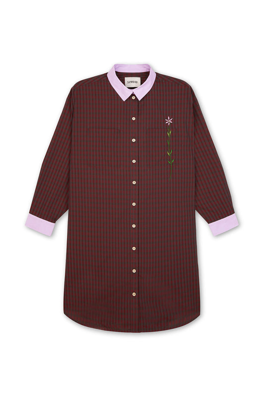 Womens red check shirtdress with lilac collar and cuffs. A flower embroidery runs through the right chest pocket.