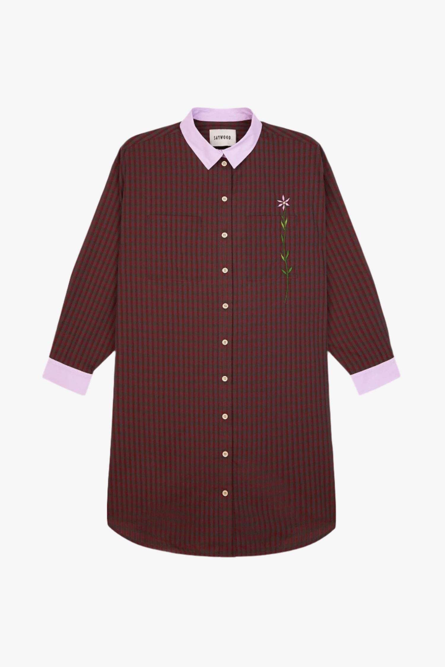 Womens red check shirtdress with lilac collar and cuffs. A flower embroidery runs through the right chest pocket.