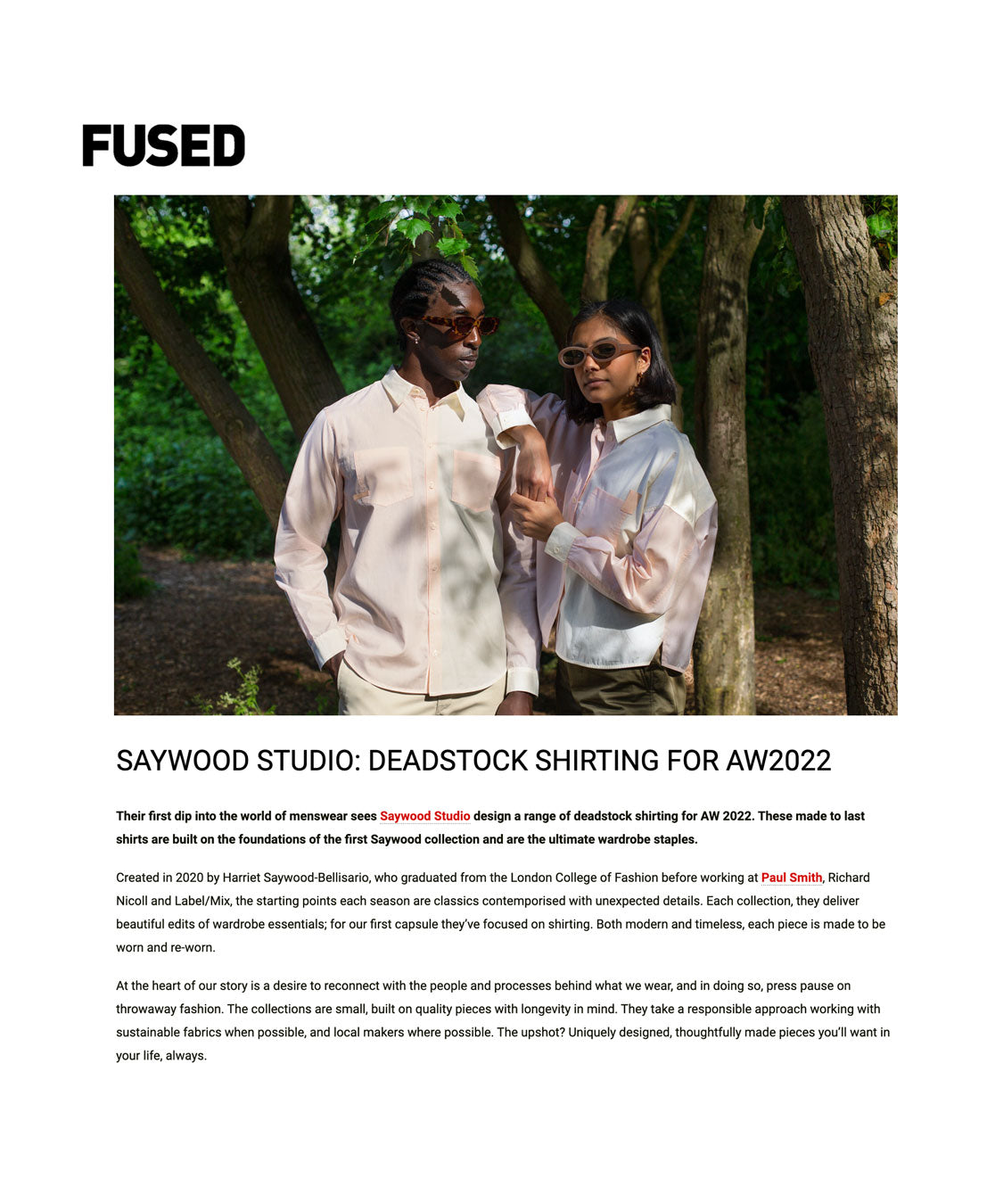 Fused feature page on Saywood, title reads: SAYWOOD STUDIO: DEADSTOCK SHIRTING FOR AW2022