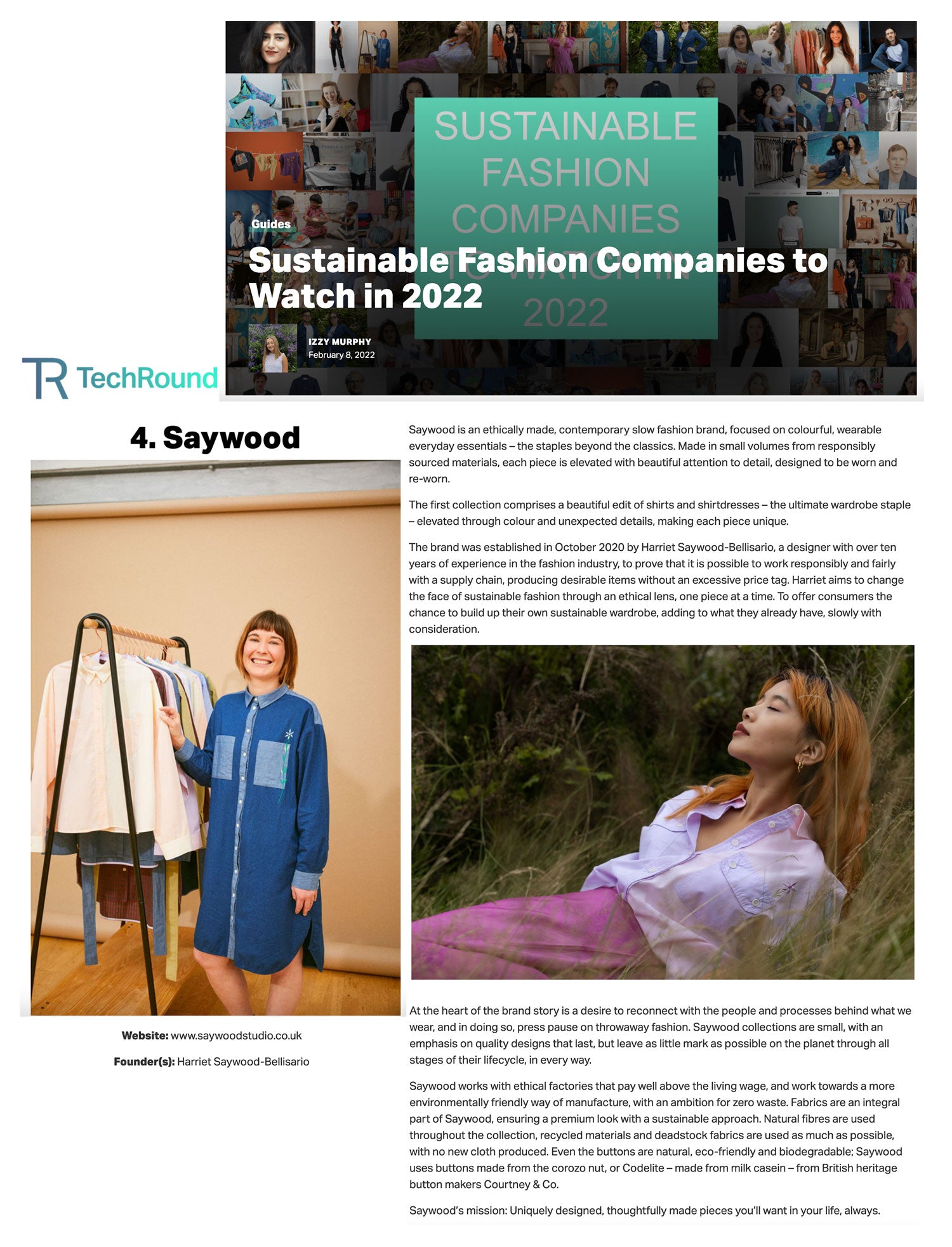 TECHROUND article 'Sustainable Fashion Companies to Watch in 2022' - Saywood