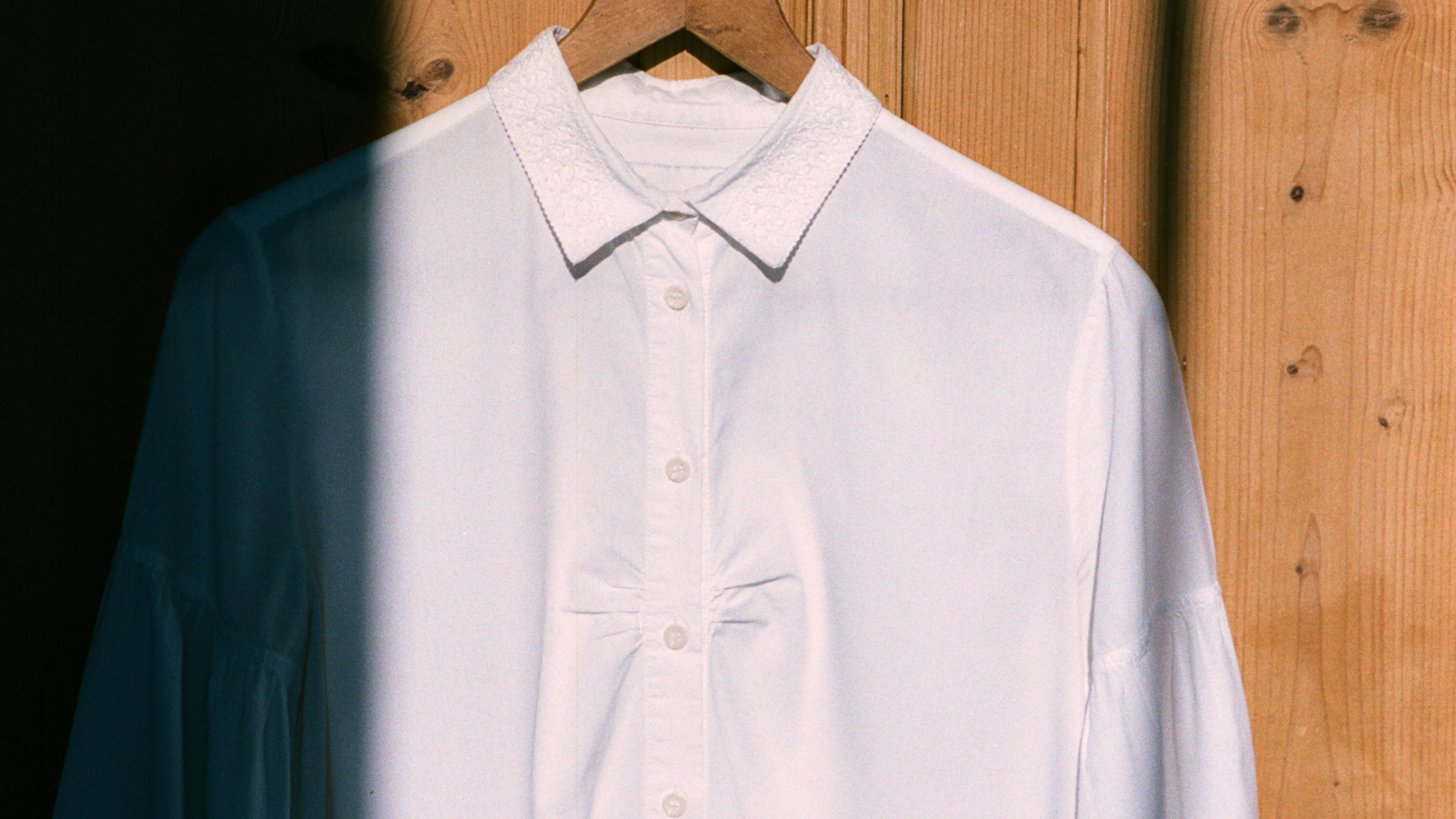 White lace collar Edi Shirt, with gathered bust details. Made in London, by Saywooc