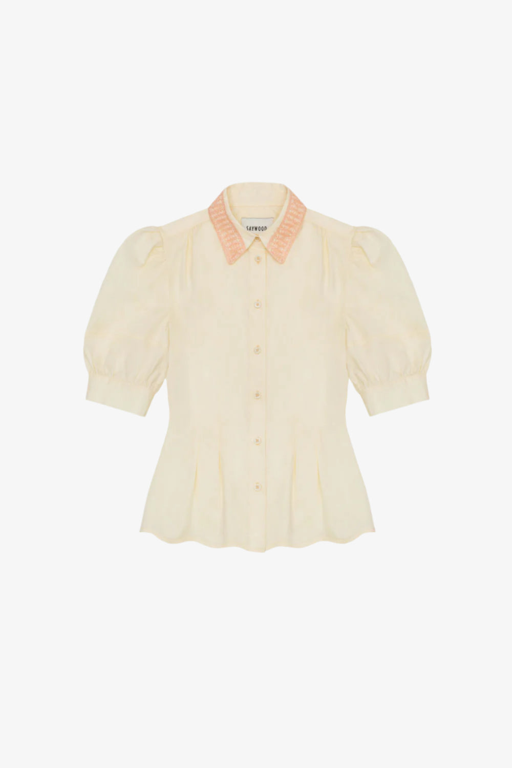Womens pale yellow lace collar blouse with puff sleeves. Joni Blouse with soft orange lace trim collar, scalloped hem and soft darts at waist for a fit and flare shape, made in the UK. By Saywood.