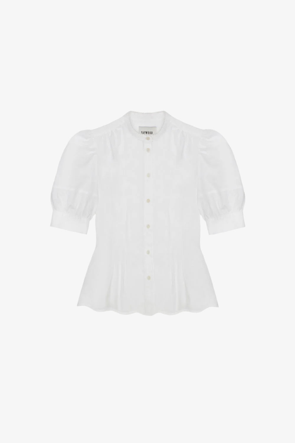 Womens white puff sleeve blouse, with scalloped hem and soft darts at the waist for fit and flare shaping. Joni Blouse with lace trim on grandad collar, made in the UK. By Saywood