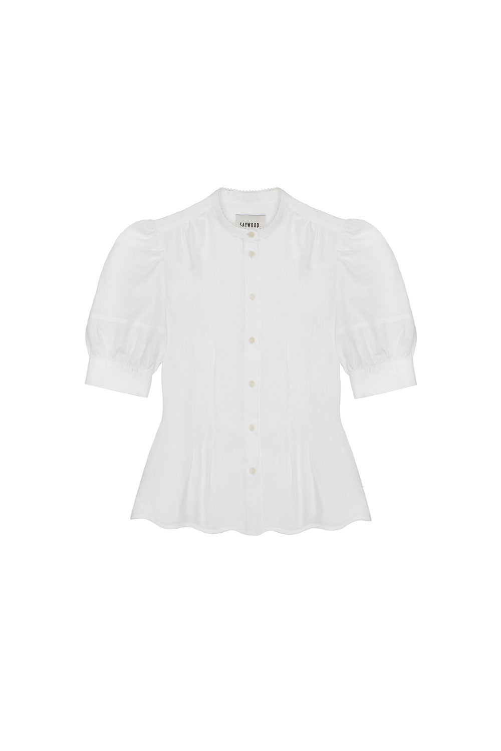 Womens white puff sleeve blouse, with scalloped hem and soft darts at the waist for fit and flare shaping. Joni Blouse with lace trim on grandad collar, made in the UK. By Saywood