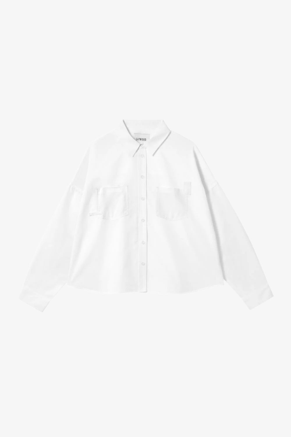 Women's white recycled cotton boxy shirt - The Lela Shirt, with patch pockets and cotton herringbone tape detail on the pocket corners. Made in the UK. By Saywood