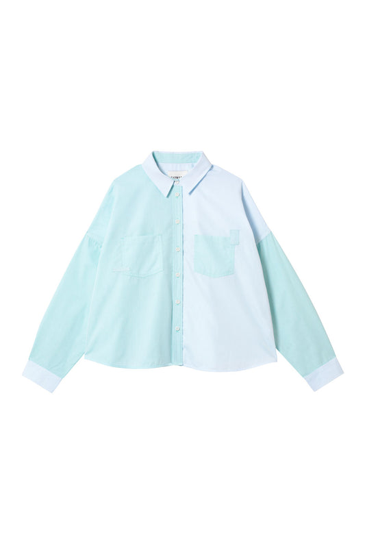 Women's pastel green and blue boxy cotton shirt - The Lela Shirt, colourblock panelled shirt with patch pockets and cotton herringbone tape detail on the pocket corners. Made in the UK. By Saywood
