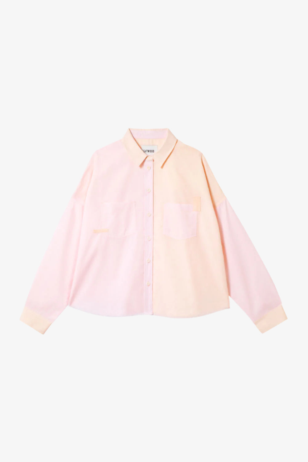 Women's pastel pink and orange boxy cotton shirt - The Lela Shirt, colourblock panelled shirt with patch pockets and cotton herringbone tape detail on the pocket corners. Made in the UK. By Saywood