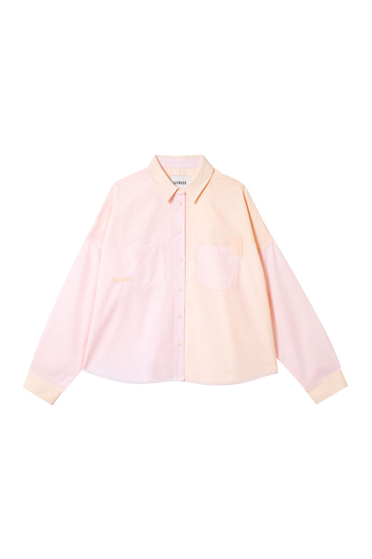 Women's pastel pink and orange boxy cotton shirt - The Lela Shirt, colourblock panelled shirt with patch pockets and cotton herringbone tape detail on the pocket corners. Made in the UK. By Saywood