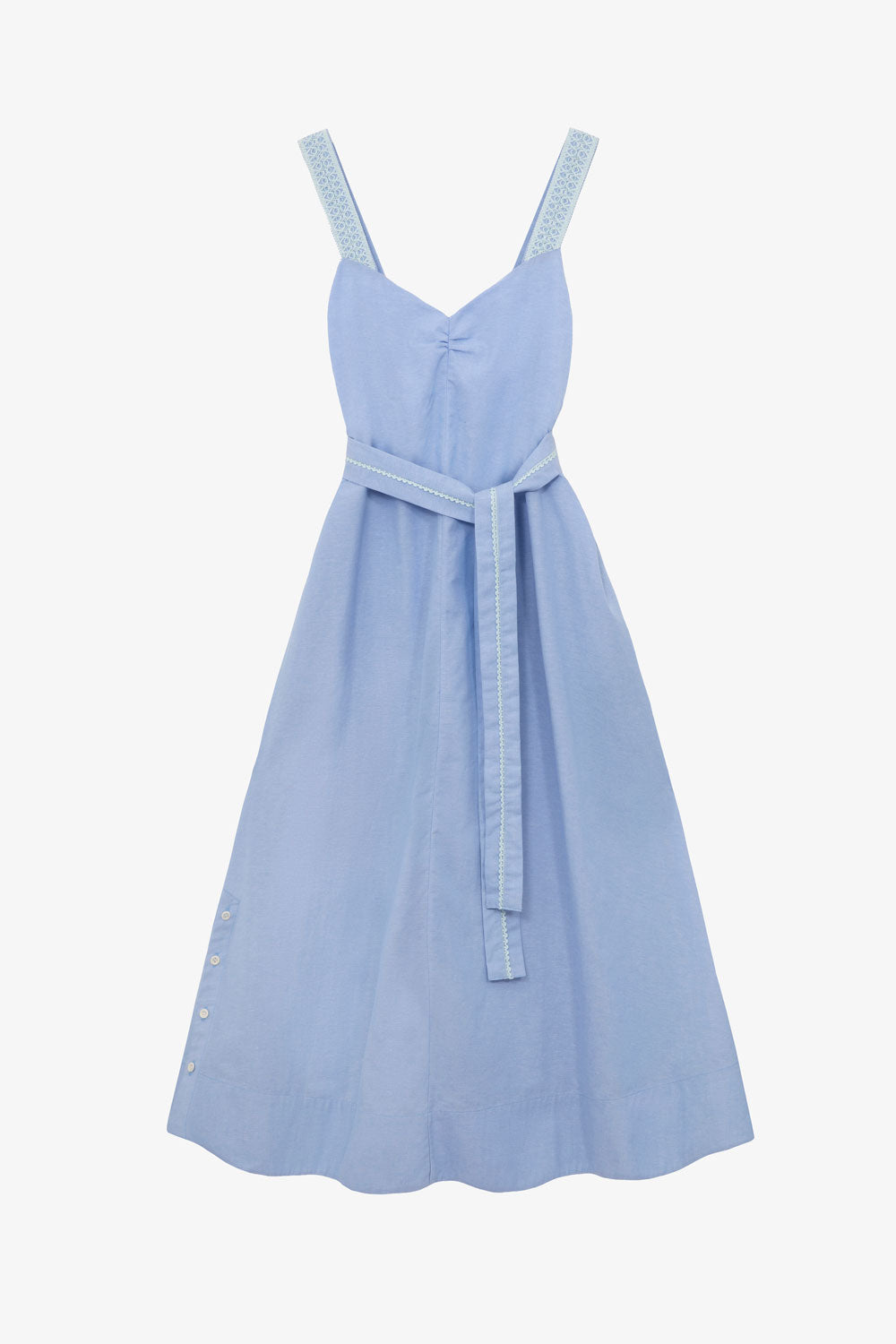 Pale blue recycled cotton Maya Cami Dress with lace-trimmed straps, gathered bust and detachable tie belt, by Saywood. Made in London.