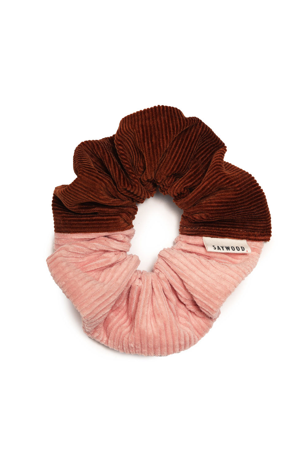 Patchwork scrunchie in pink and caramel tan cotton corduroy, by Saywood. Made in London.