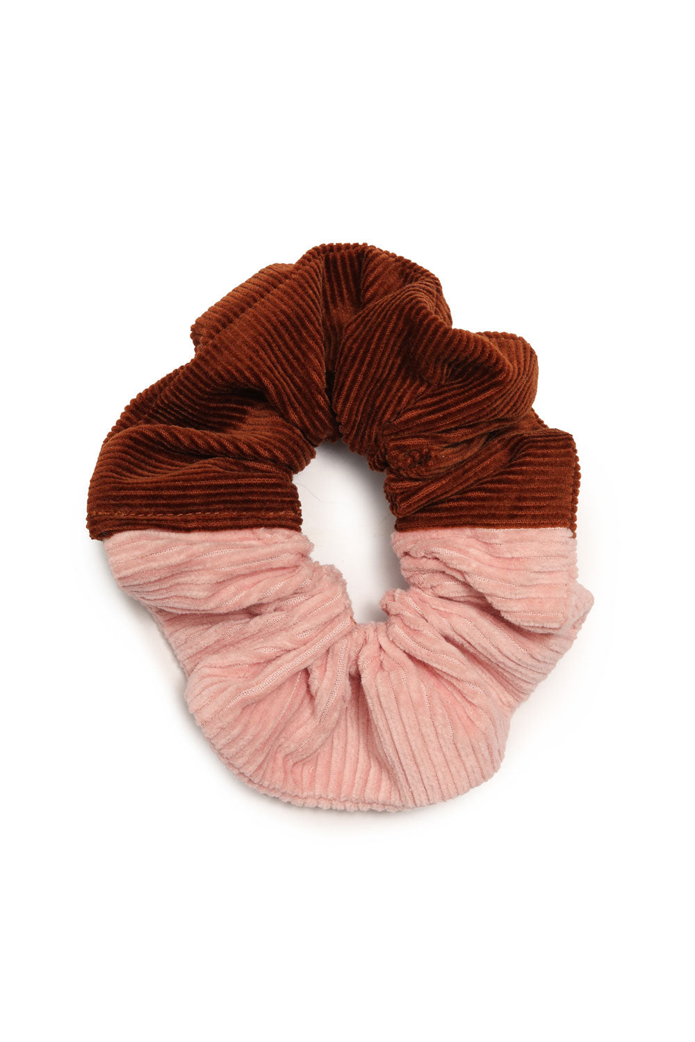 Patchwork scrunchie in pink and caramel tan cotton corduroy, by Saywood. Made in London. Back shot.