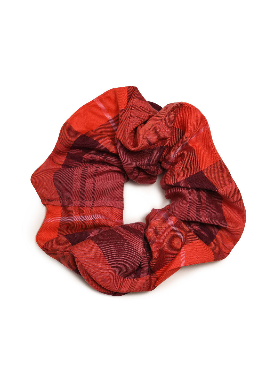 Tartan scrunchie in merlot coral red colour by Saywood. Made in London. Back shot.