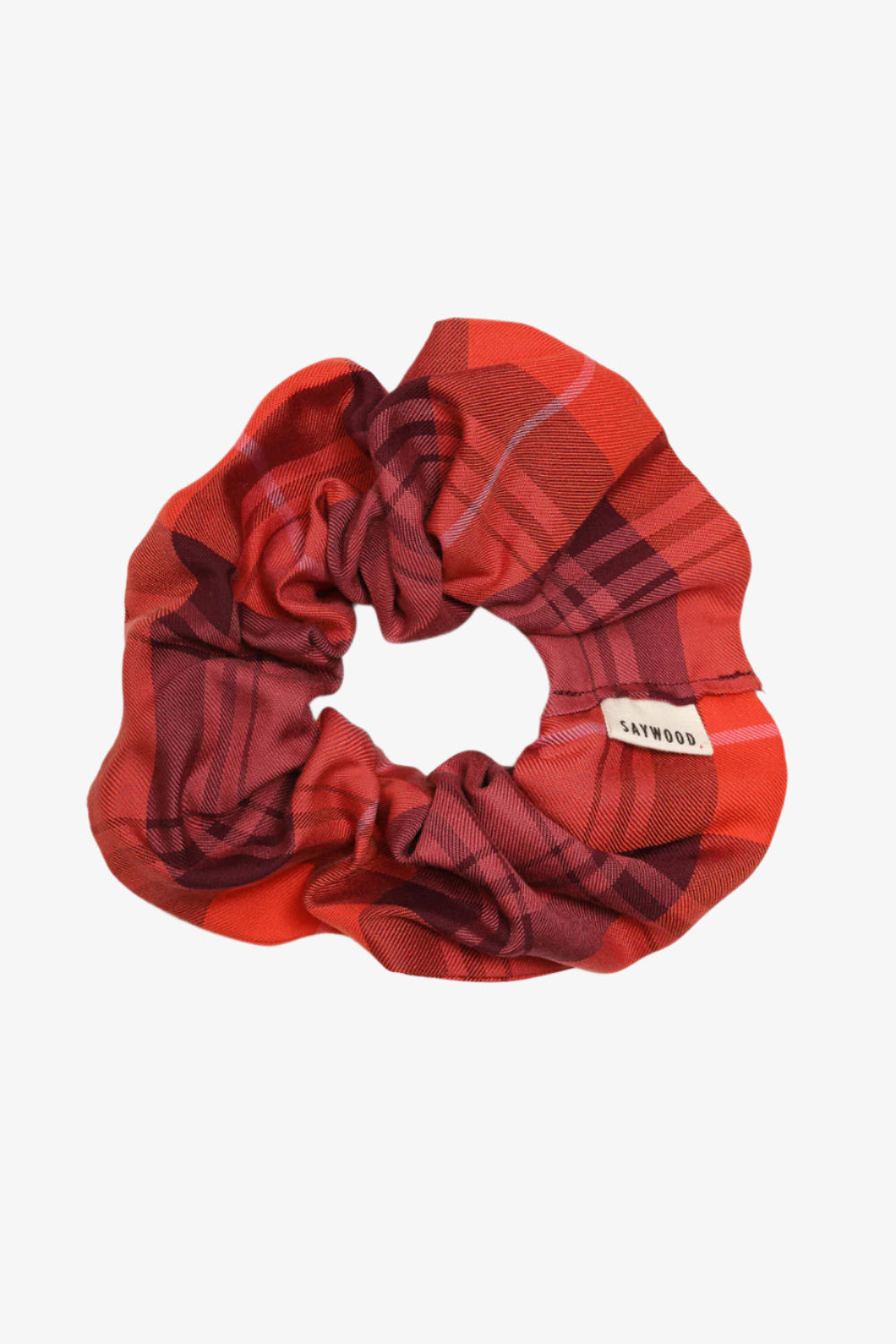 Tartan scrunchie in merlot coral red colour by Saywood. Made in London.