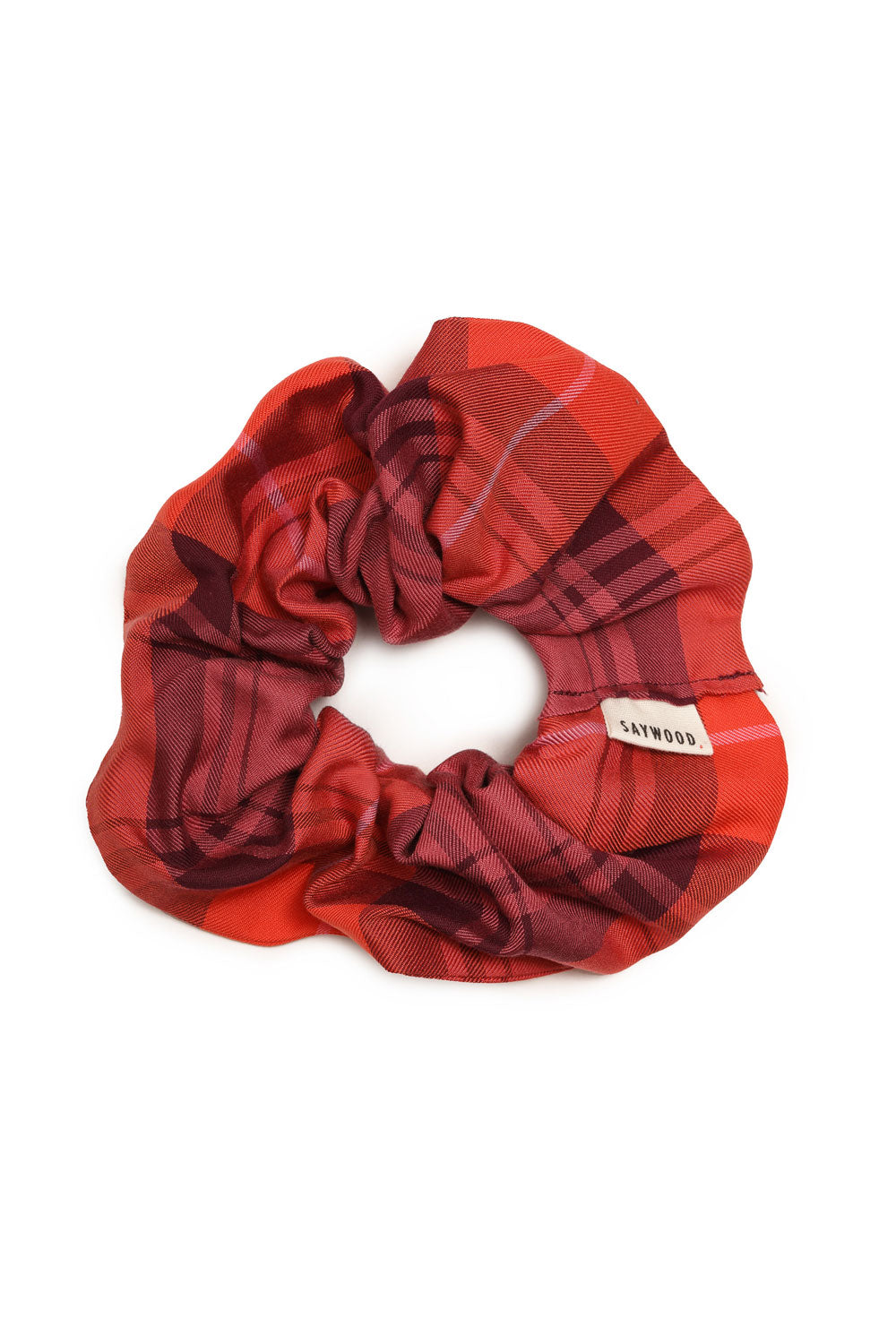 Tartan scrunchie in merlot coral red colour by Saywood. Made in London.